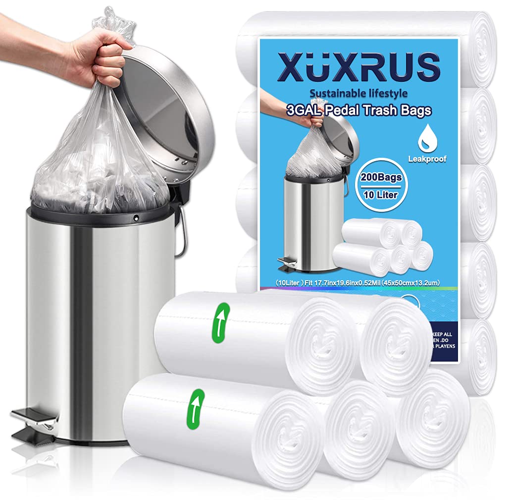 XUXRUS Small Garbage Bags 3 Gallon 200 Counts Bathroom Trash Bags Strong Clear Trash Can Bags Wastebasket Bin Liners Fit 8~10 Liter