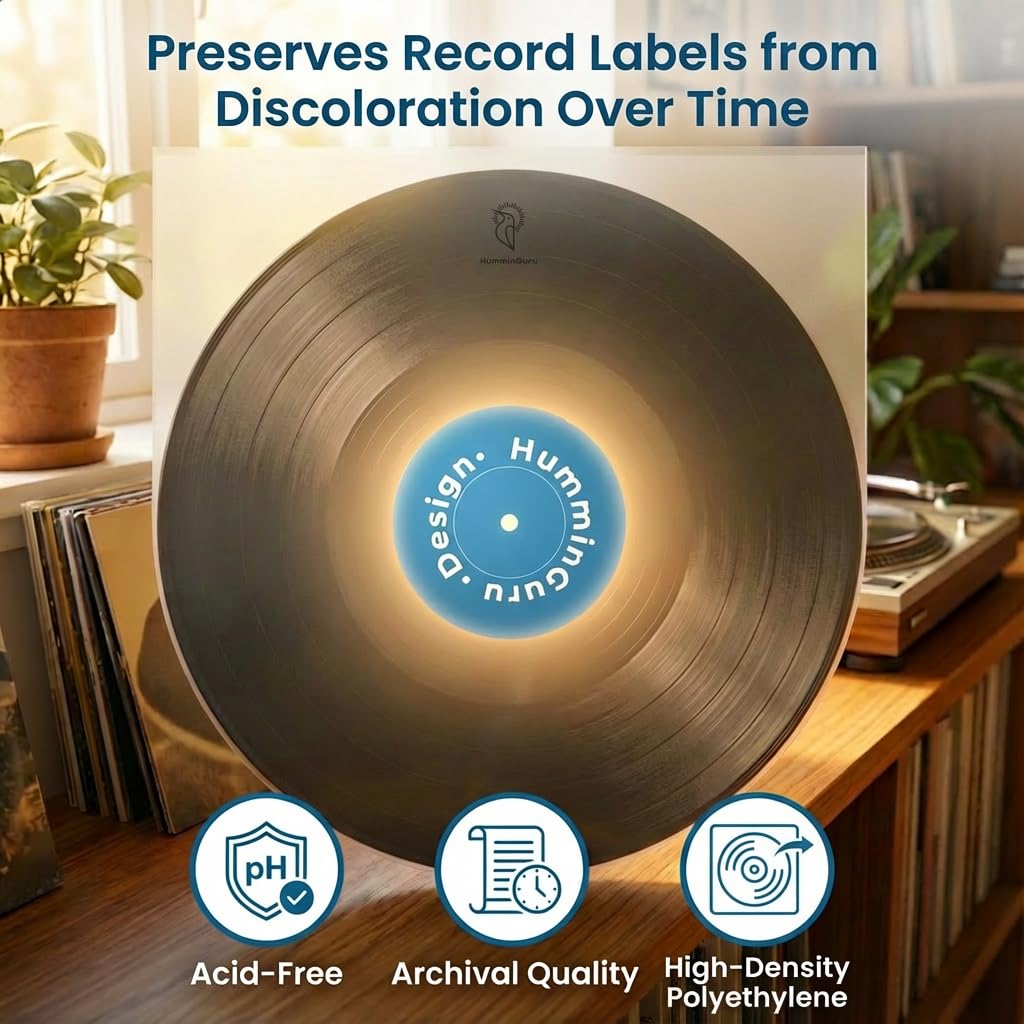 HumminGuru Vinyl Record Inner Sleeve 12 Inch, Acid Free & Anti Static Vinyl Sleeves, 1.5Mil Archival HDPE Inner Record Sleeve, Round Bottom LP Easy Insertion for Album Cover, 50 Pack(12“Inner Sleeves)