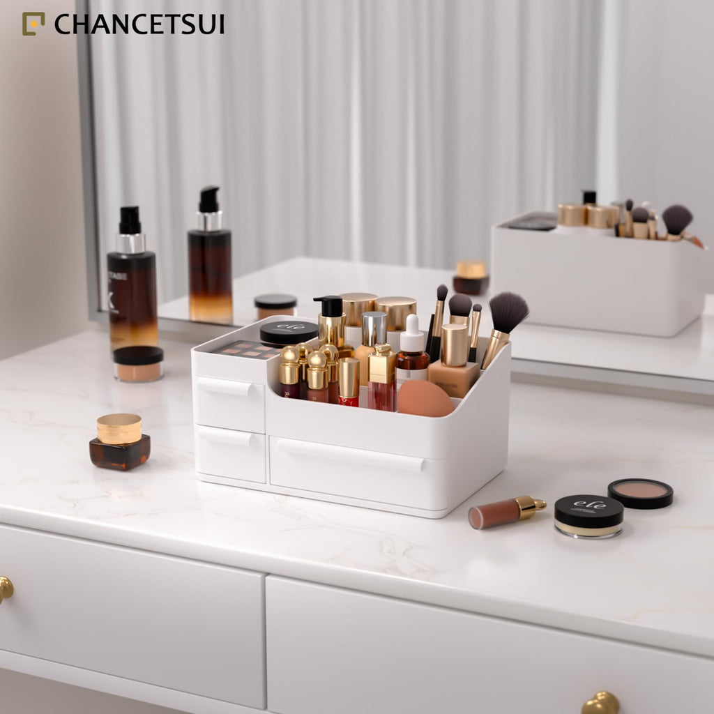 Makeup Desk Organizer, Makeup Organizer With Drawers, Bathroom Countertop Organizer for Cosmetics, Vanity Holder for Lipstick, Makeup Brush Holder/Organizer (White)