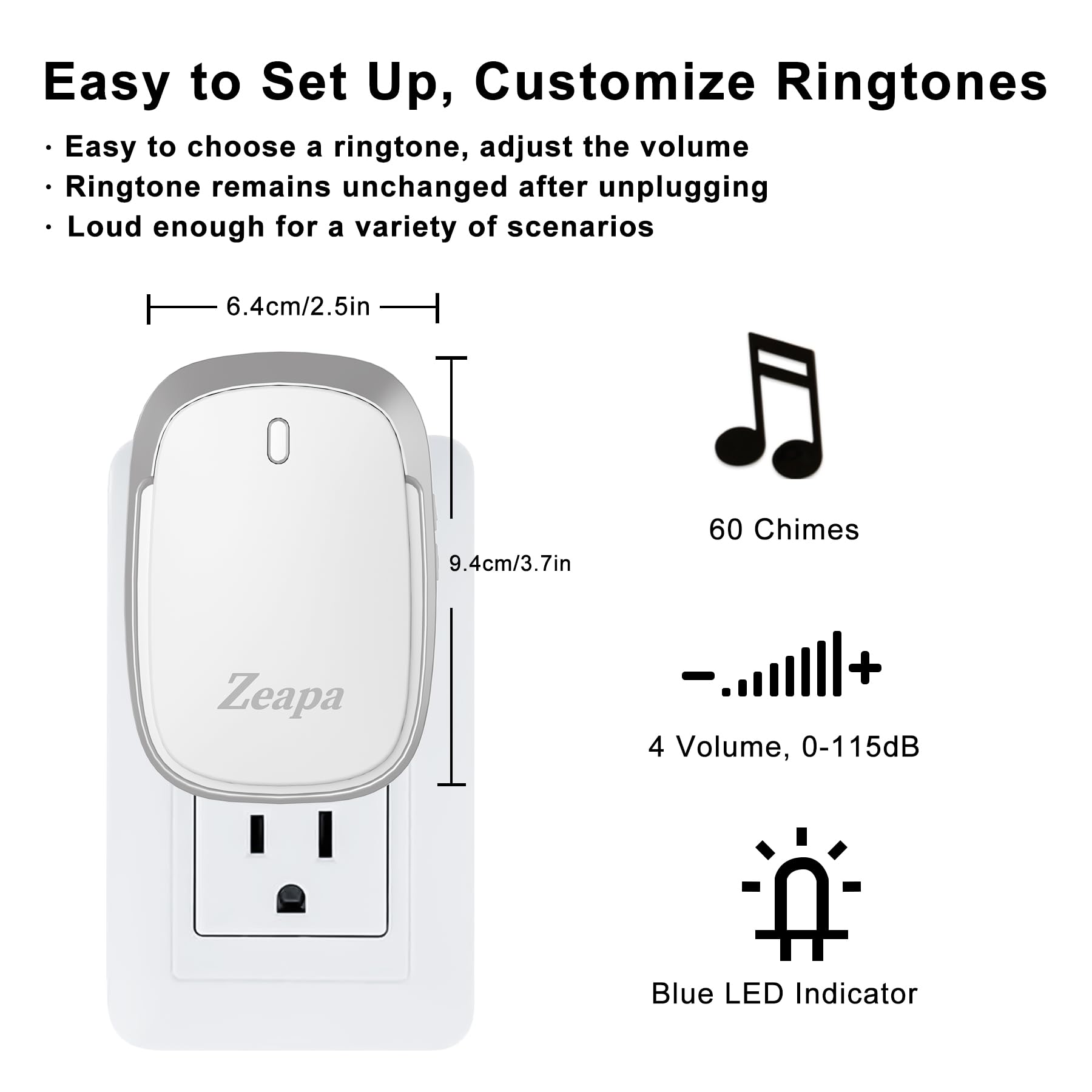 Wireless Doorbells, Plug-in, Battery Powered, Easy to Install, 1300 Ft Range, 60 Chime, LED Flash, Waterproof, Differentiate Various Doors, Silver, 2 Transmitter & 2 Receiver for Home, Office