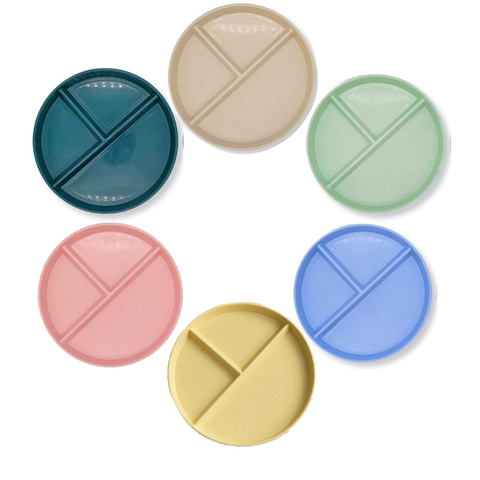 CookTaitai Unbreakable 9 Inch Wheat Plastic Round Gird Plates Set, Divided Plates for Adults, Kids Plates, Microwave and Dishwasher Safe,BAP-Free, Set of 6 (Multicolor)