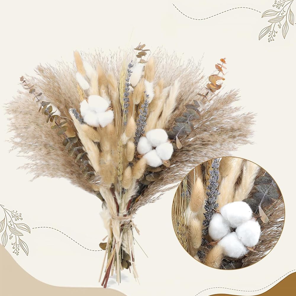 Natural Dried Flower Bouquet - Pampas Grass, Cotton Stems, Bunny Tails, Eucalyptus, Lavender & Wheat - Rustic Boho Decor for Home, Fall Decorations for Home, Wedding, or Gift