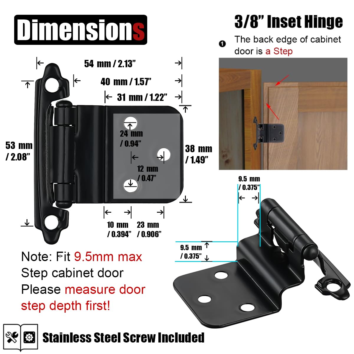 JQK 3/8 Inch Inset Cabinet Door Hinges, Cabinet Hinge, 20 Pack Matte Black, CH201-BK-P20