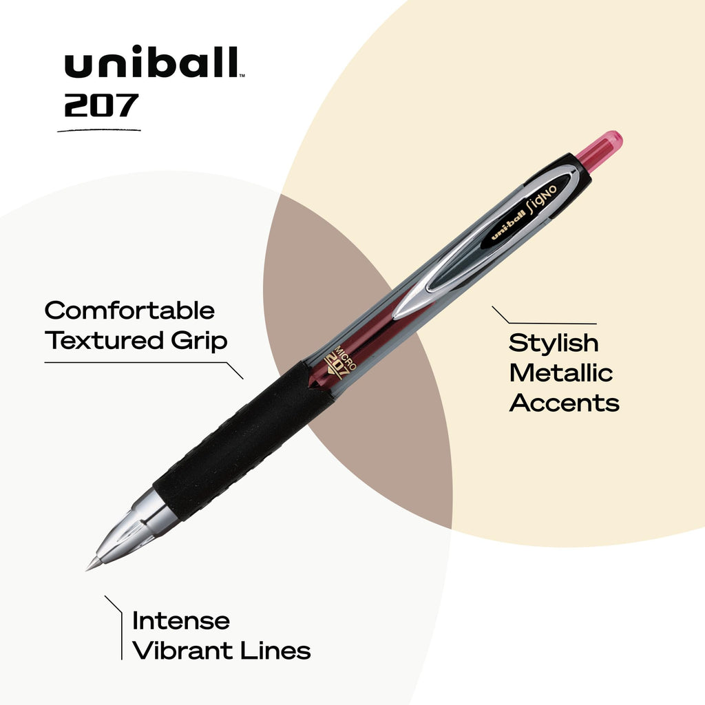 uni-ball 207 Rollerball Gel, Gel Retractable Roller Ball Pen Micro-0.5mm, 12 Pack, Red Ink (61257)