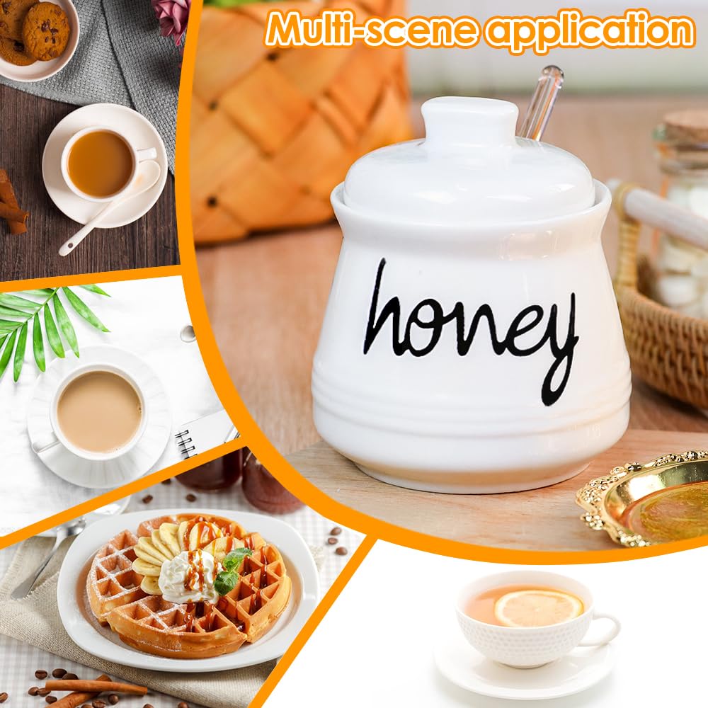Swetwiny Ceramic Honey Pot with Dipper, 12oz Ceramic Honey Dispenser with Lid and Glass Honey Stick Porcelain Honey Container for Home Kitchen