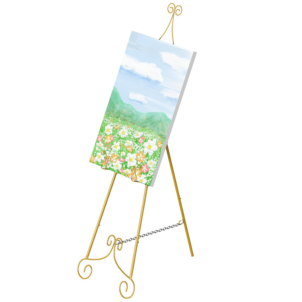 1 PC Easel Stand for Sign, Metal Poster Easel Holder, Adjustable Wedding Sign Stand with Chain Support for Display, Party Painting, Gold.