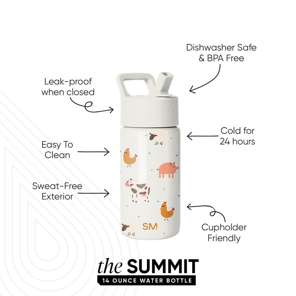 Simple Modern Kids Water Bottle with Straw Lid | Reusable Insulated Stainless Steel Cup for Toddlers, School | Summit Collection | 14oz, Farm Animals