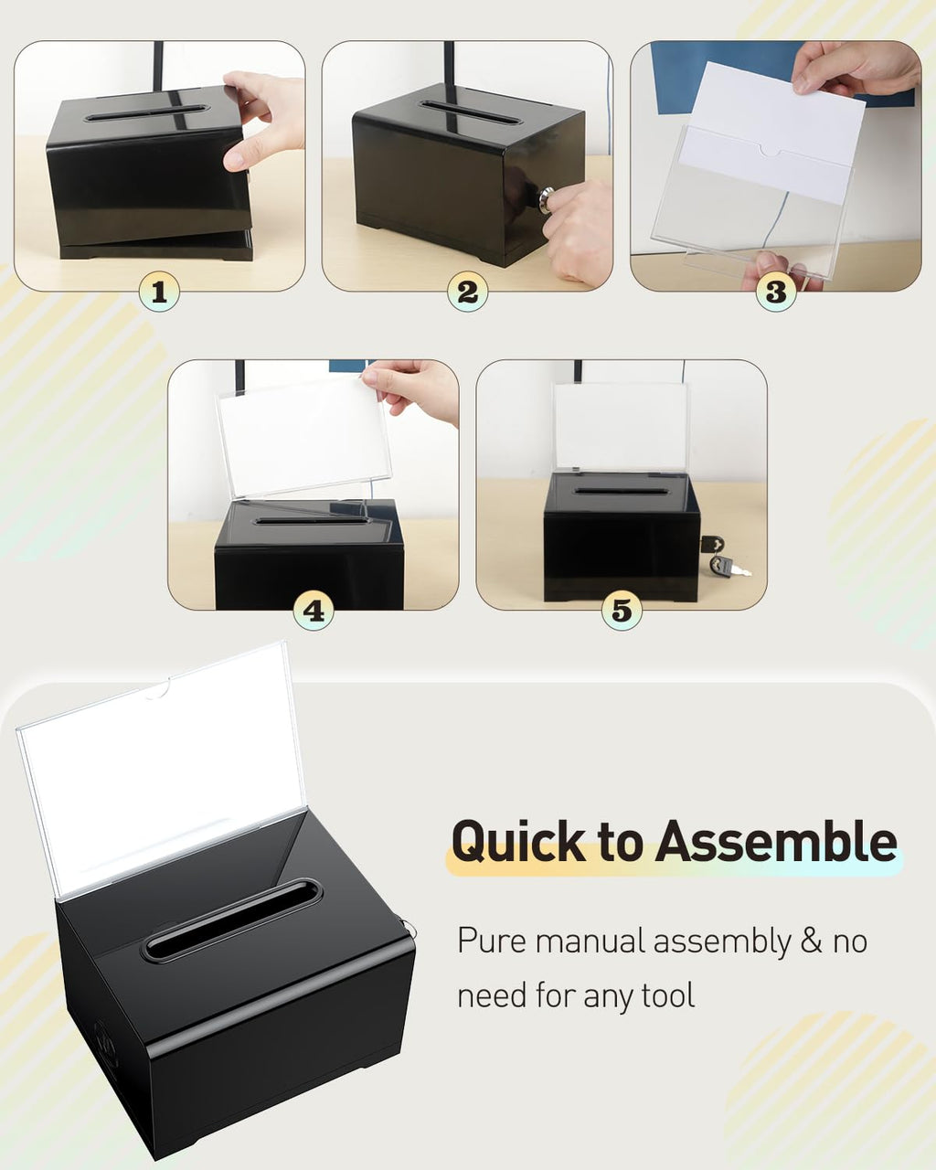 Uniclife Black Acrylic Fundraiser Dispenser Box, 15.7 x 12 x 10.2 cm, Suggestion Box with Slot and Lock, Plastic Polling Boxes with Board Holder, Storage Box for