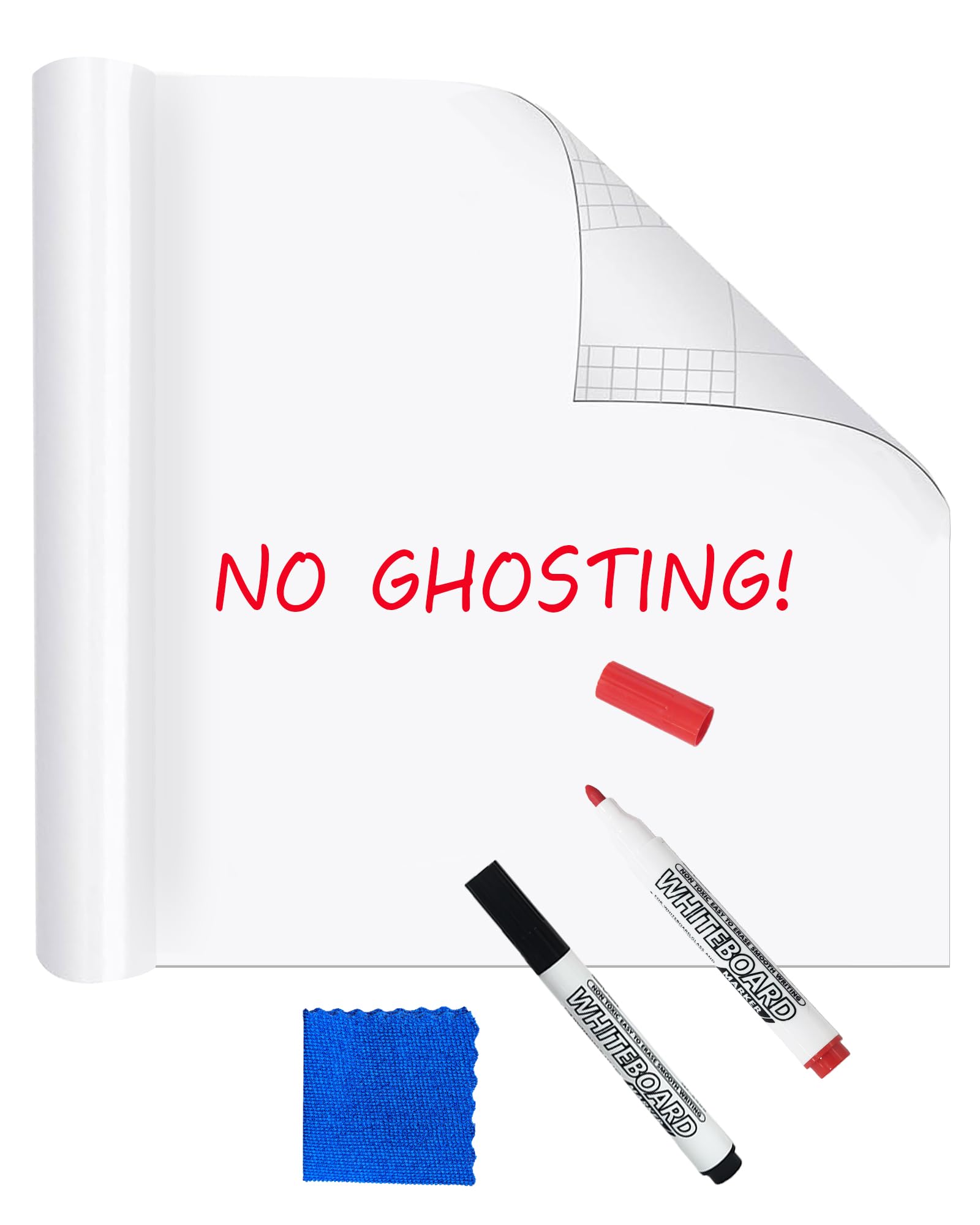 Dry Erase Whiteboard Sticker for Wall - 16.7 x 118.1 inches, No Ghosting PET White Board Wallpaper Roll, No Residue, Peel and Stick Contact Paper with 2 Markers & Cloth for Home Office Classroom