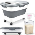 Komzon Rice Storage Containers, Collapsible 10 to 30Lbs Food Storage Bin Dispenser with Rolling Wheel and Clear Airtight Lid, BPA Free Flour, Sugar, Cereal and Dog Cat Pet food Containers