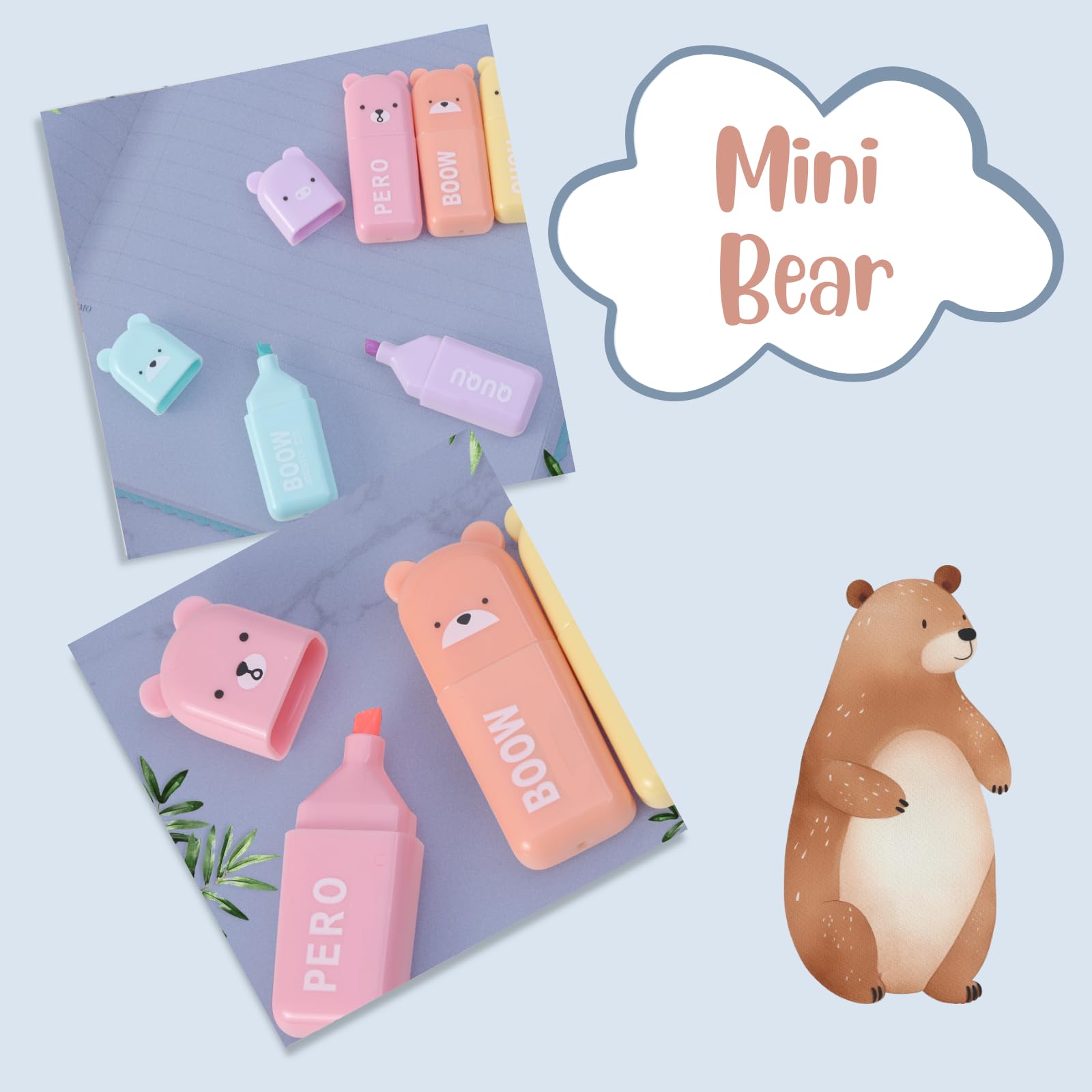 Corbekel 24 PCS Cute Mini Highlighters in 2 Style (Bear & Rabbit), Kawaii Highlighters for Kids & Adults, Small Multi Colored Highlighters Pastel Set
