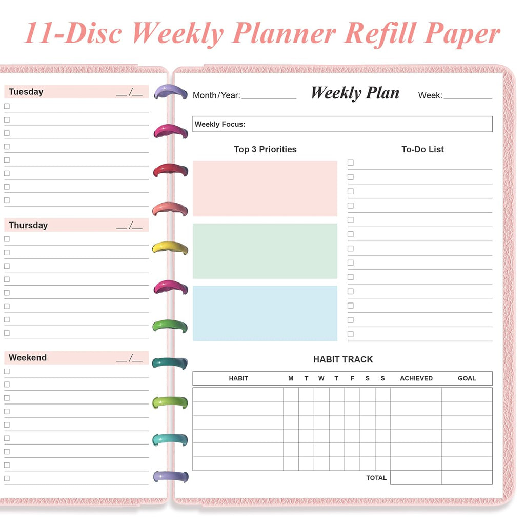 Weekly Planner Undated Refills - Letter Size 53 Sheets/106 Pages Colorful Weekly Planner for 11-Disc Discbound, TUL, 100 gsm White Paper, Lasts 1 Year, Undated, 8.5" x 11"