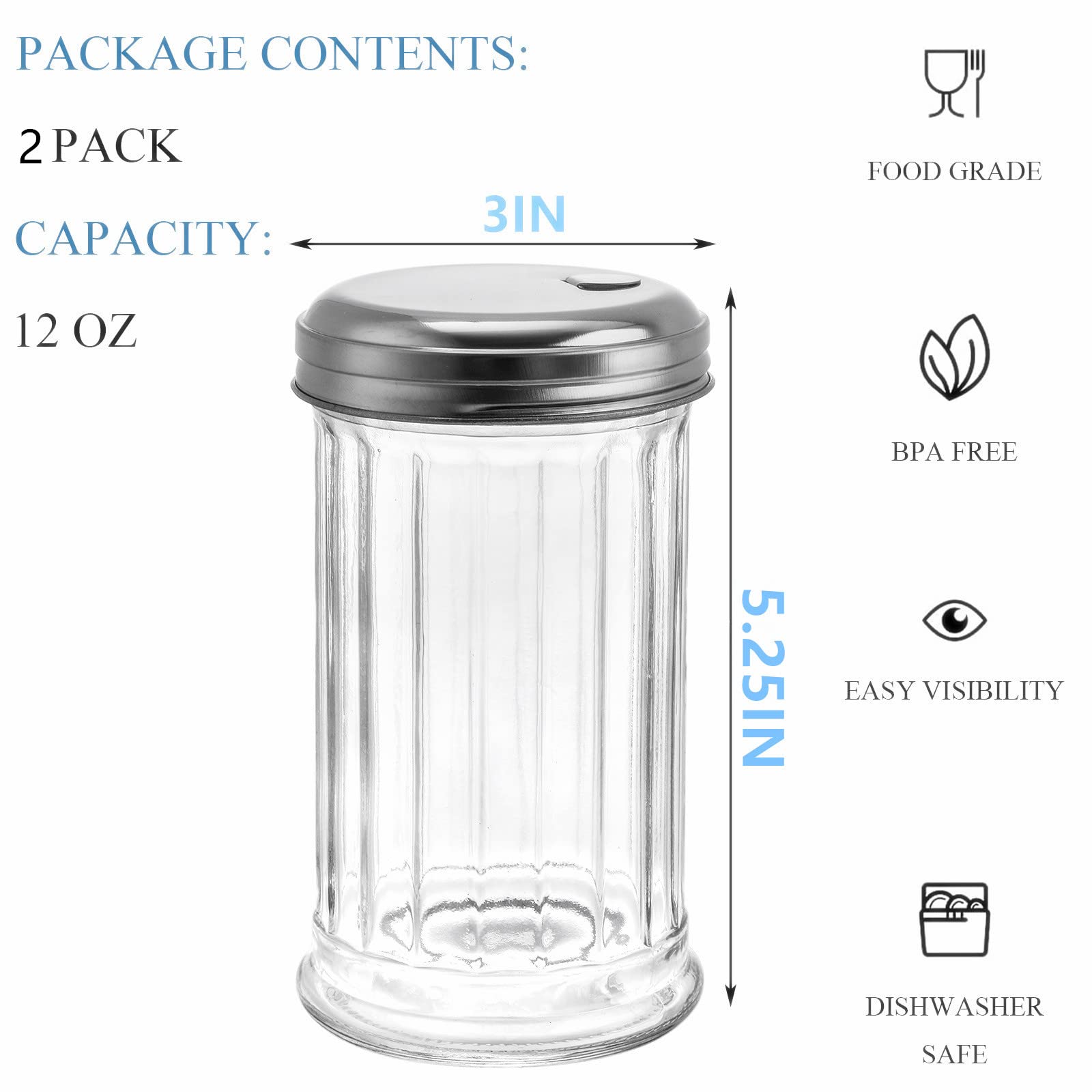 Tebery 2 Pack 12OZ Glass Sugar Dispenser/Pourer/Shaker with Stainless Steel Pour-Flap Lid, Retro Style