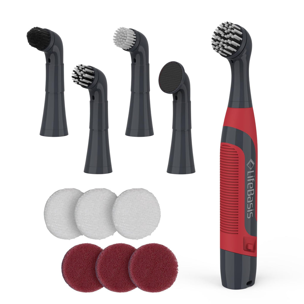 LifeBasis Power Scrubber, Cordless Electric Cleaning Brush Battery Powered Scrub Brush, Water Resistant Small Electric Grout Brush with 5 Brushes for Home/Kitchen/Bathroom/Grout/Tile/Shower/Tub, Red