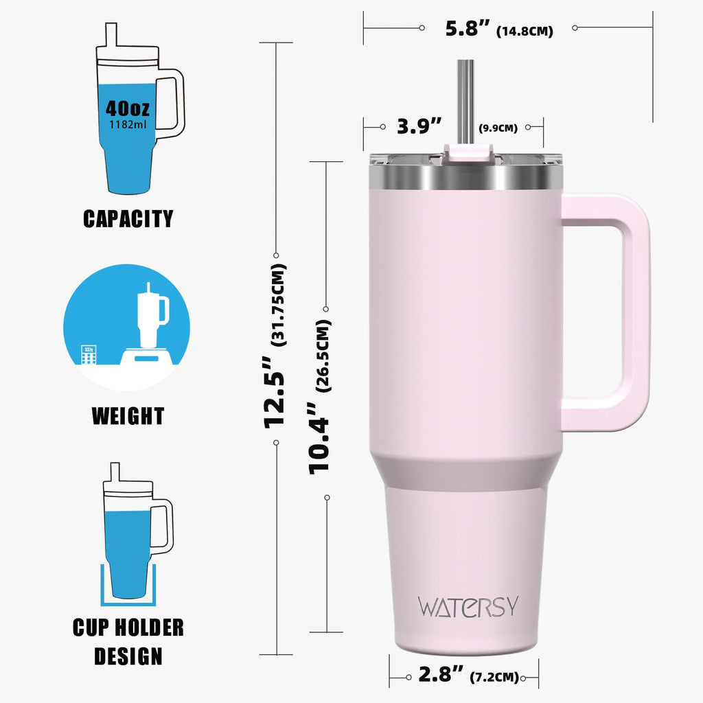WATERSY 40 oz Tumbler with Handle,Tumbler with Lid and Straw,Double Wall Insulated Cup Stainless Steel Travel Mug(Cold for 34 Hours),Water Bottle for Iced Tea,Coffee,Cold Beverages(Rose Quartz)