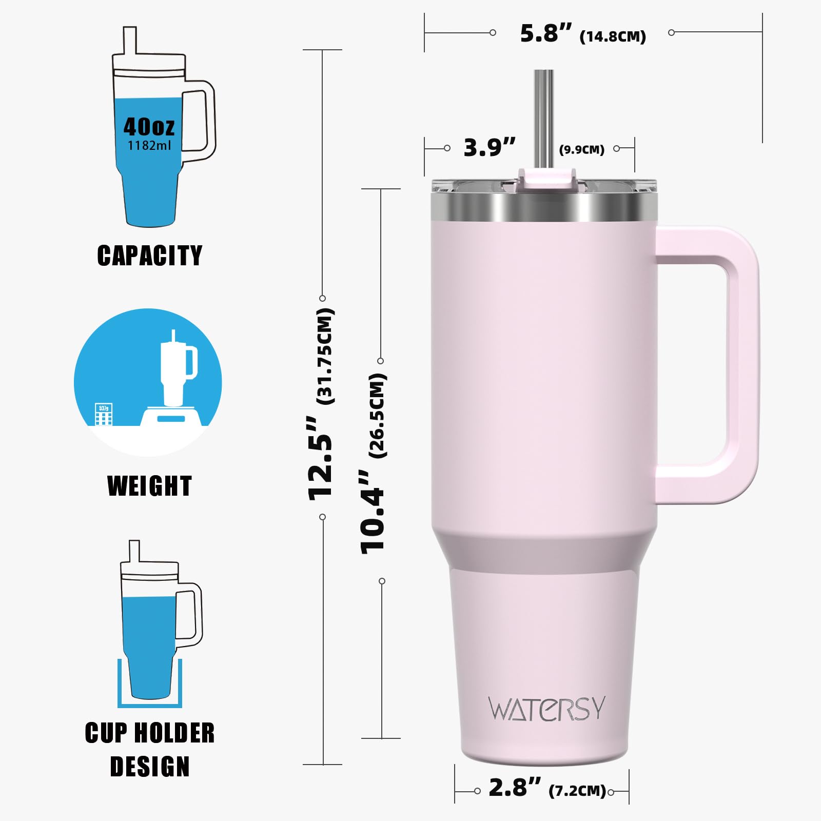 WATERSY 40 oz Tumbler with Handle,Tumbler with Lid and Straw,Double Wall Insulated Cup Stainless Steel Travel Mug(Cold for 34 Hours),Water Bottle for Iced Tea,Coffee,Cold Beverages(Rose Quartz)