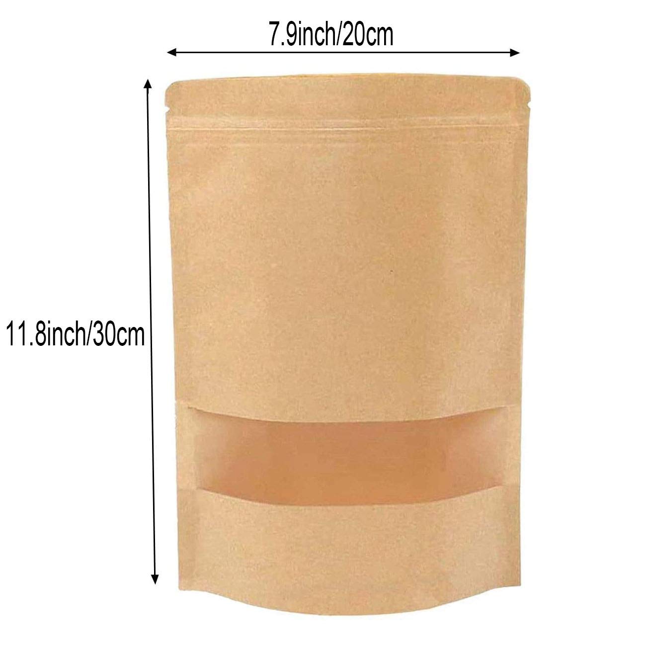 SONYANG 100 Pcs Kraft Paper Bags with Window Stand Up Pouches Bags, Zip Lock Food Storage Bags for Packaging Products, Reusable, Sealable (Brown, 7.9x11.8 inch)