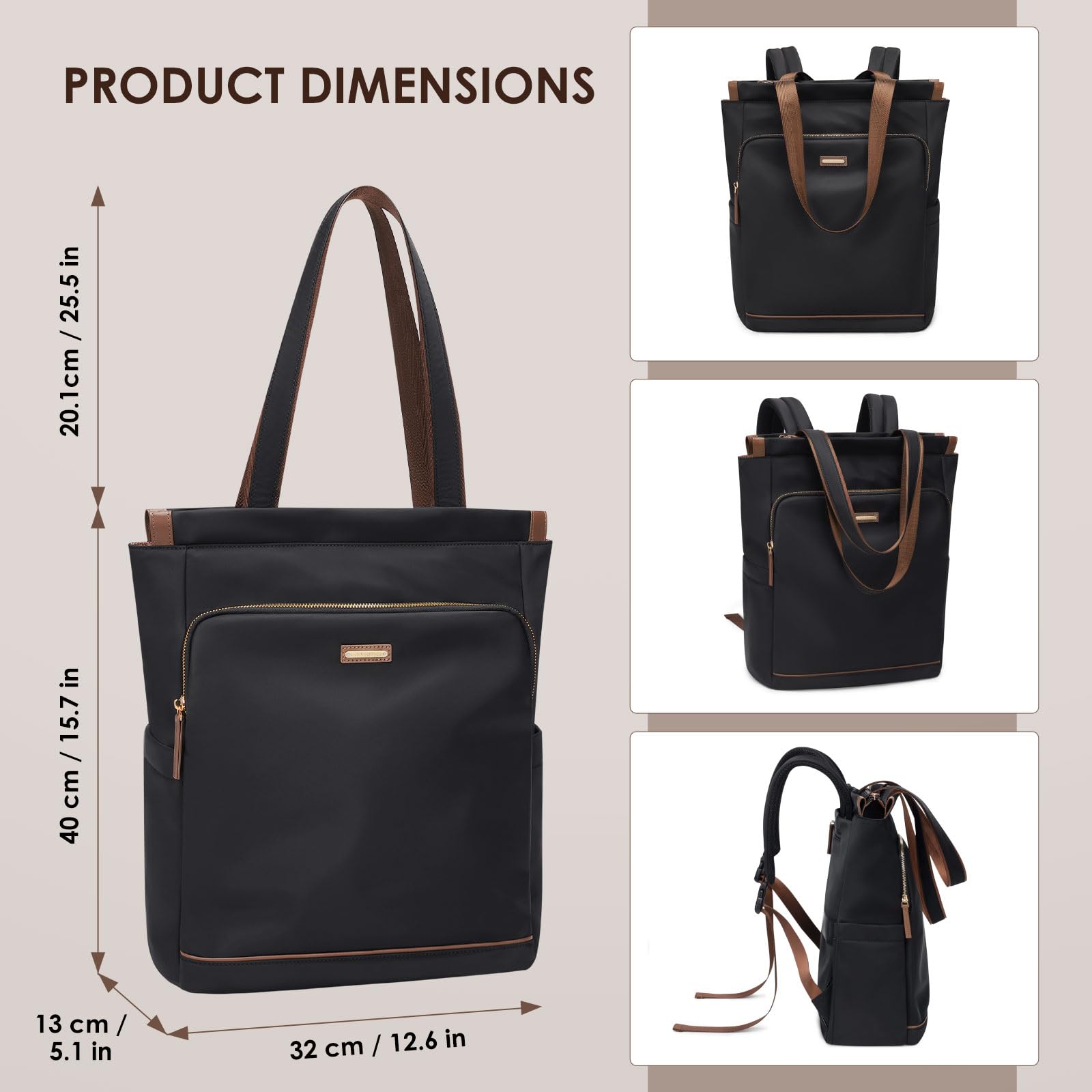 Convertible Laptop Backpack for Women Casual Daypack Notebook Tote Bag for Work College Travel Leisure (Black)