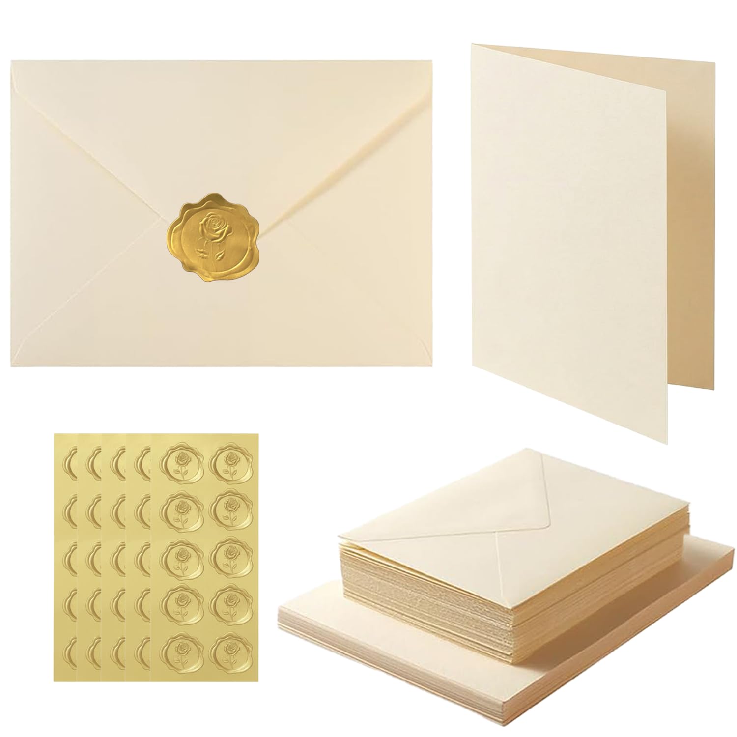 Acidea 50 Pack Ivory A6 Envelopes with Plain Cards, 120GSM Envelopes with 250GSM Folding Blank Cards and Gold Stickers, Perfect Stationary Set for Wedding Invitations, Birthday, Holiday, Greeting Card