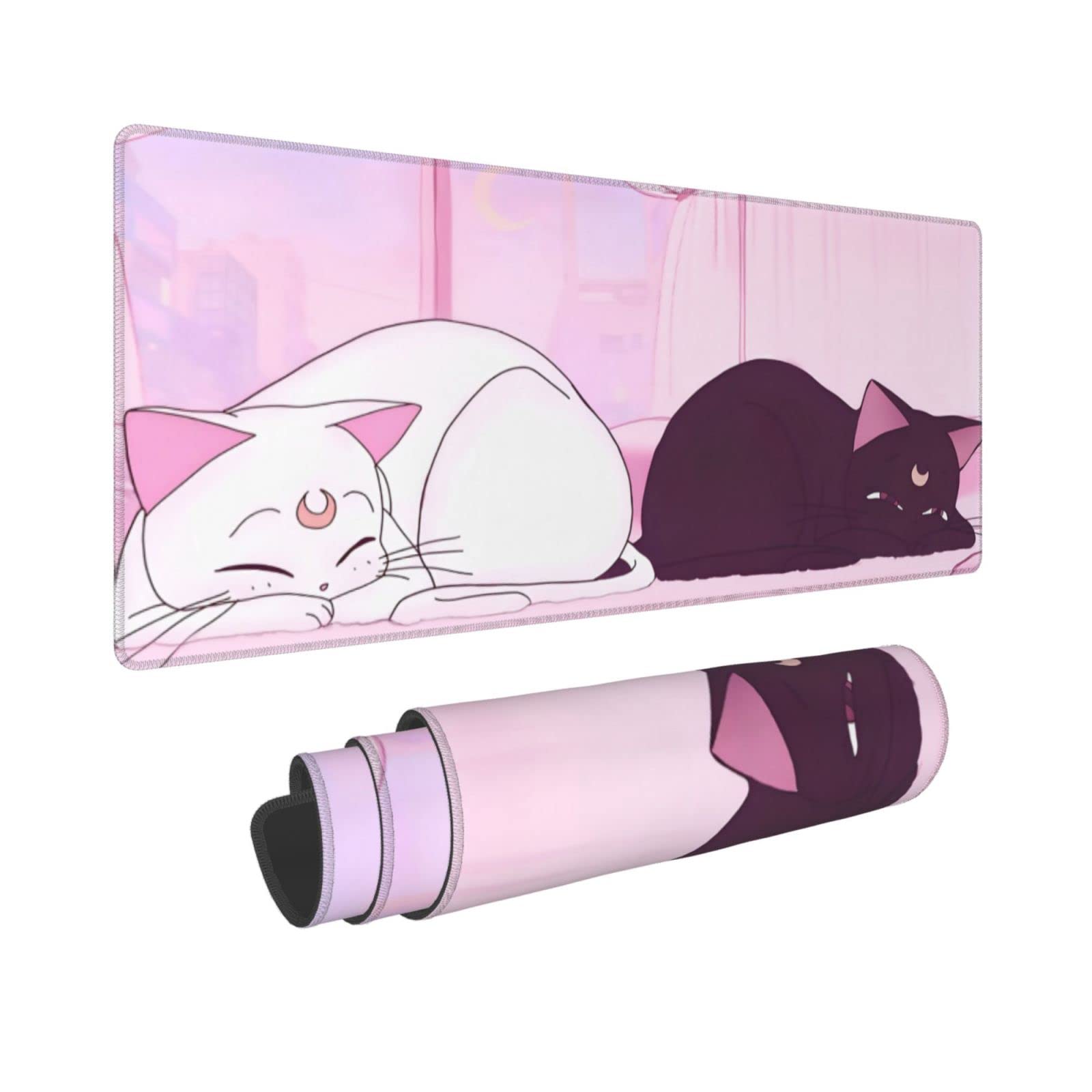 Anime Kawaii Gaming Mouse Pad Cute White Cat Black Cat Large Desk Office Decor Exclusive Beautiful Girls Mouse Pad for Women Mouse Mat Desk Pad 31.5x11.8in Non-Slip Rubber Base with Stitched Edges