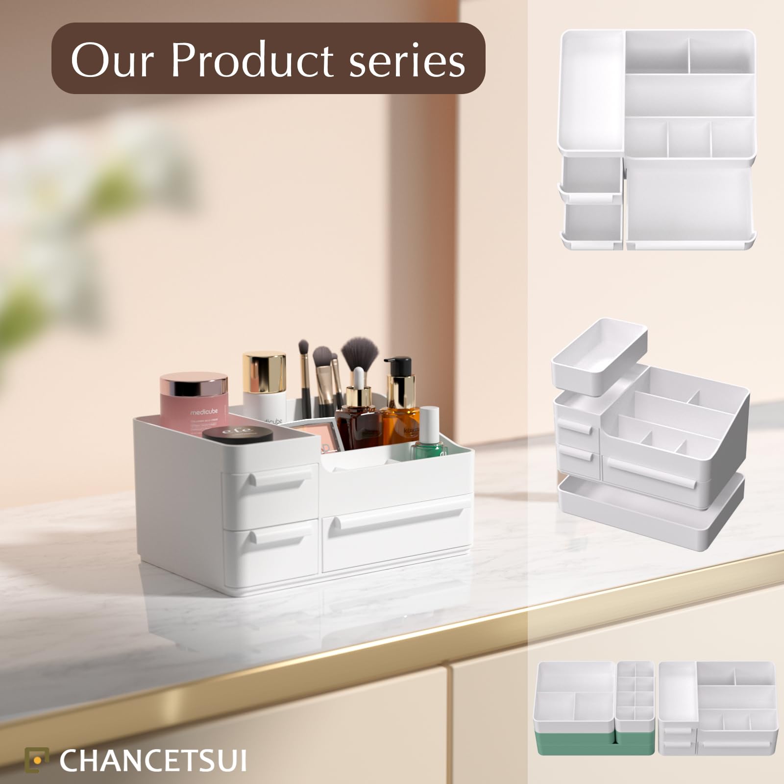 Makeup Desk Organizer, Makeup Organizer With Drawers, Bathroom Countertop Organizer for Cosmetics, Vanity Holder for Lipstick, Makeup Brush Holder/Organizer (White)