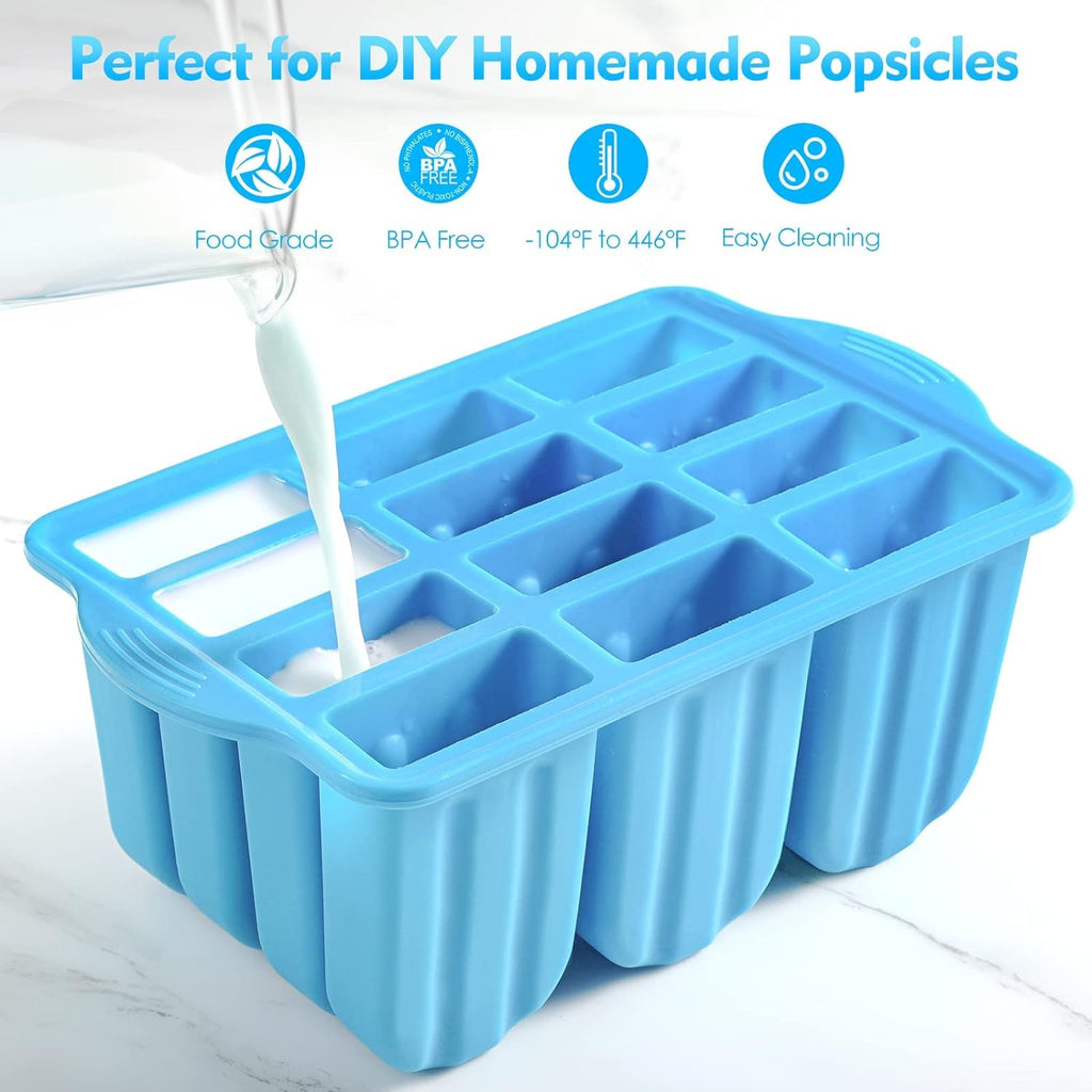 POLCANUR Popsicle Molds Silicone BPA-Free,12 Pieces Popsicle Trays for Freezer,Homemade Ice Cream Popsicle Molds,Large Ice Pop Maker Set,Reusable Ice Lolly Mould with 50PCS Popsicle Sticks