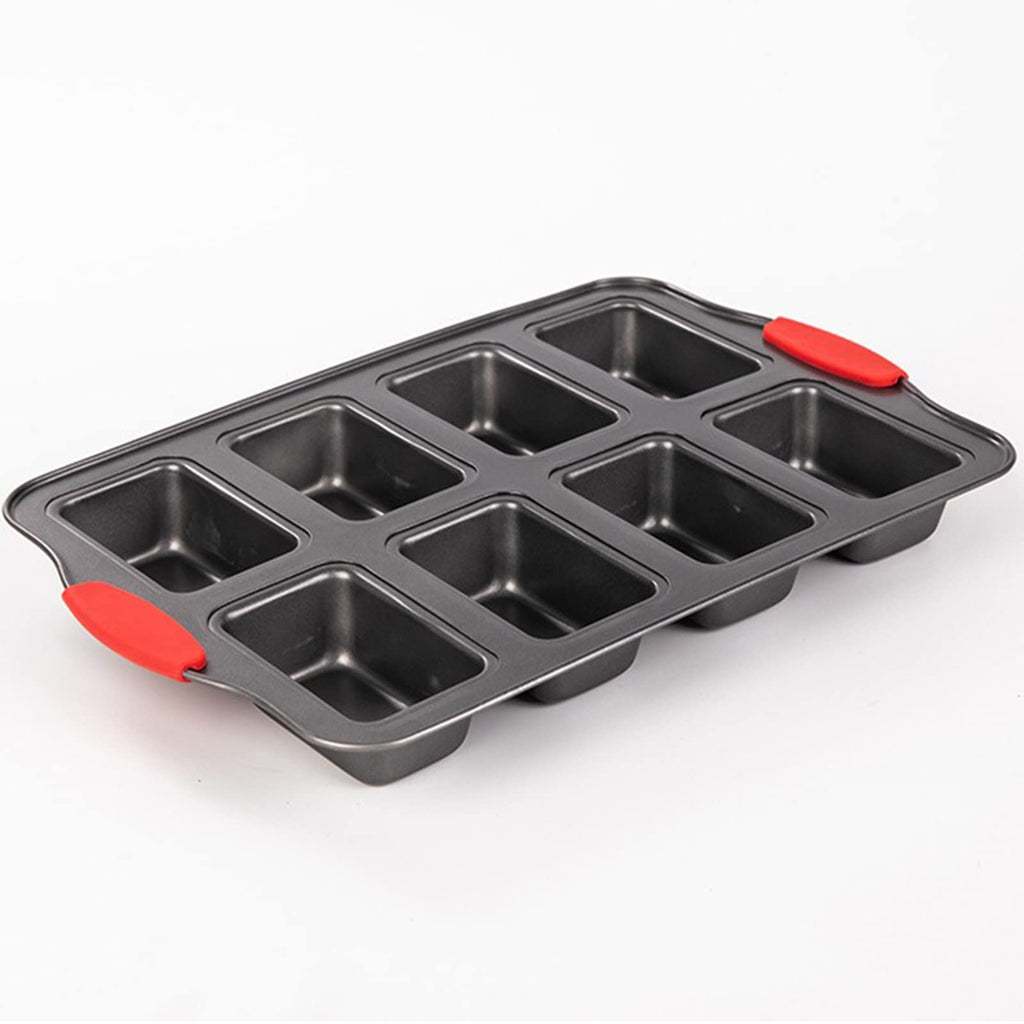PLAZOTTA 2 Packs 8 Cavity Non-Stock Mini Loaf Pan with Silicone Handle, Mini Bread Loaf Baking Pan Mini Brownie Pan Cheesecake Mould Rectangular Bar