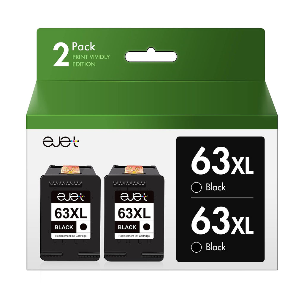 63XL Ink Cartridges Compatible for HP 63 Black Ink Cartridge 63 XL High Yield Work with OfficeJet 3830 4650 5255 Envy 4520 4512 4516 Deskjet 1112 3630 3634 3639 3632 2132 Printer (2 Black)