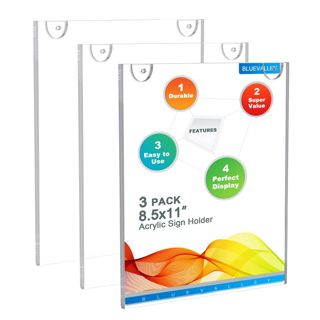 BlueValley Clear Acrylic Sign Holder 8.5x11 - Wall Mount Plexiglass Ad Poster Picture Frame with Sticker & Screw, Vertical Plastic Menu Sign Holders for Window Wall Display Brochure Flyer Document Certificate - 3 Pack