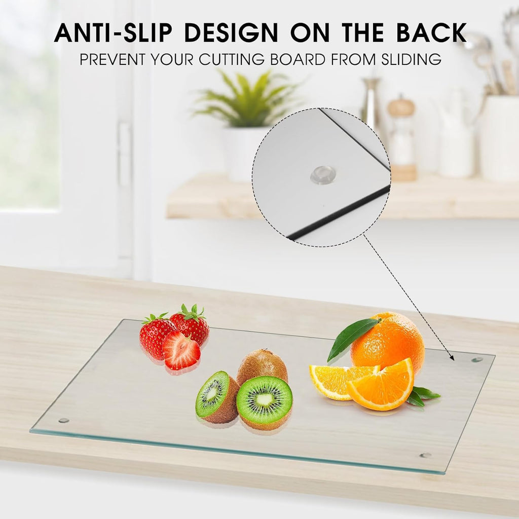 JAMBALAY Tempered Glass Cutting Board for Kitchen, 40CMx30CM Clear Glass Cutting Board with Rubber Non-Slip Feet, Heat and Scratch Resistant, Shatterproof, Dishwasher Safe,Transparent