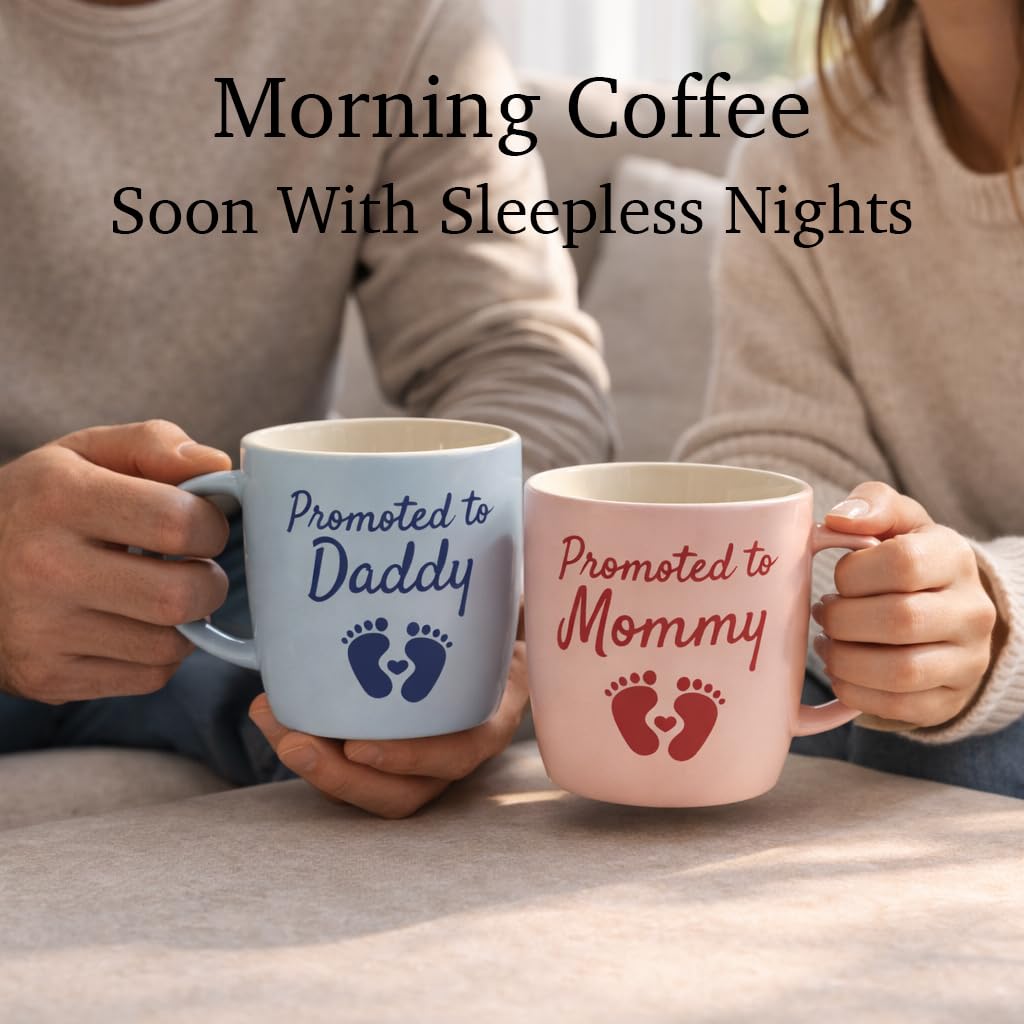 Triple Gifffted Promoted to Mommy and Daddy Coffee Mugs Set, Pregnancy Announcement Gifts for New Parents, Baby Reveal, Baby Shower, First Time Mom Dad Gift, Christmas Day Surprise, 13oz Ceramic