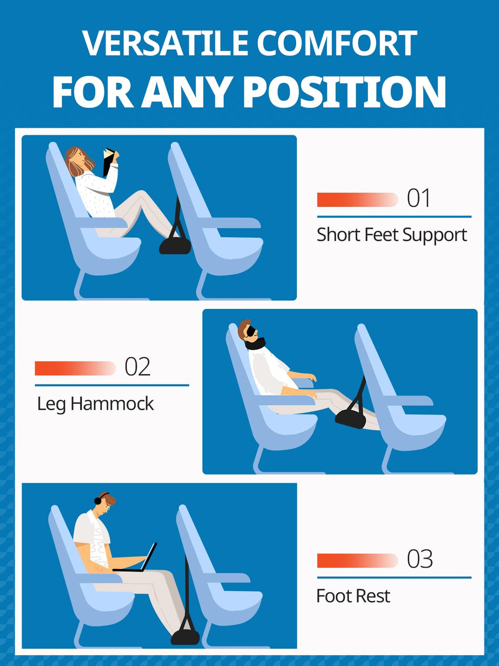 SARISUN 2-Pack Foot Hammock Airplane, No Collapse Foot Rest with Wide PE Board Support, Portable Plane Foot Hammock for Airplane, Under Desk with Adjustable Strap, Carry Bags for Women & Men
