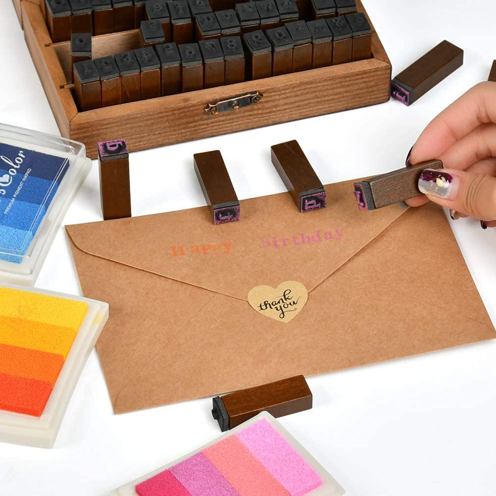 70PCS Alphabet Stamp Set Vintage Wooden Rubber Letter Number and Symbol Stamp Set with 6 Colorful Ink Pad, with Small Wooden Box, for DIY Craft Scrapbooking Planner Card Stamps Gift