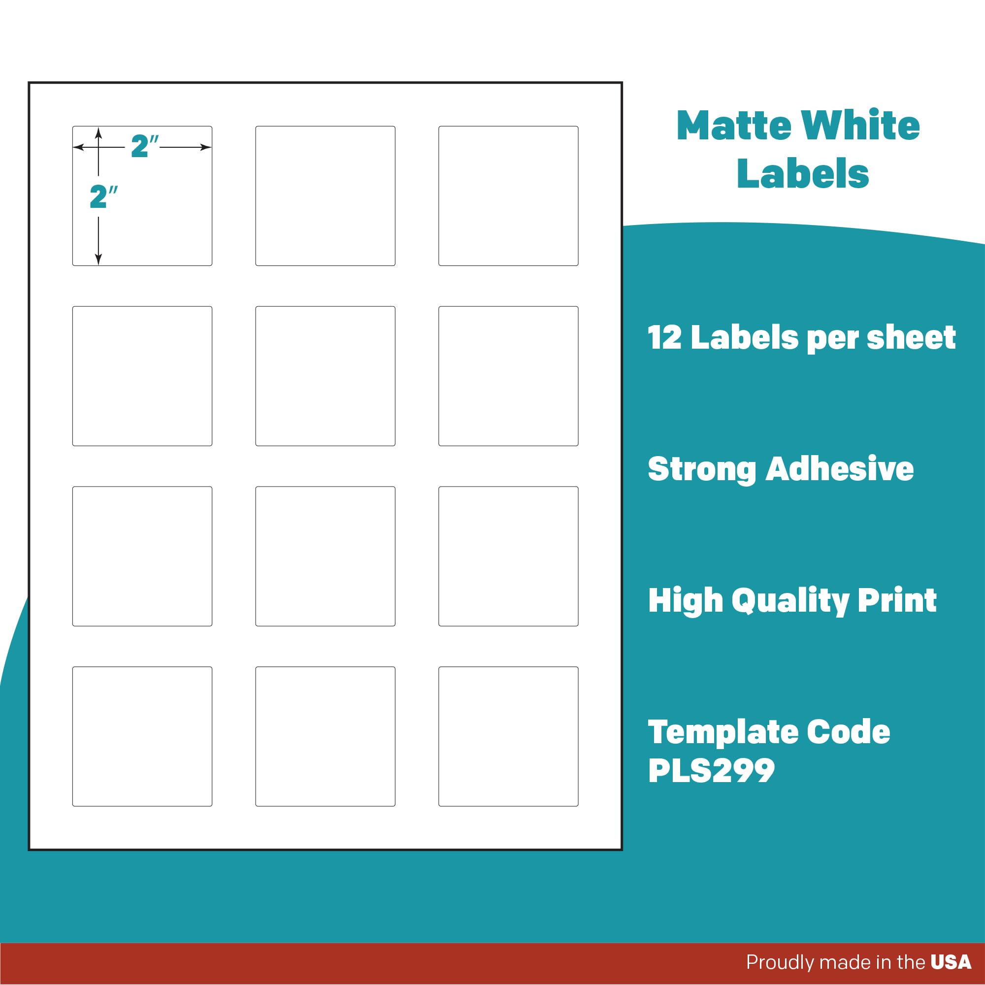 Premium Label Supply White Sticker Square Labels with Bleed – 2" x 2" – Laser/Inkjet Compatible – (12 per Sheet), 100 Sheets – 1,200 Total Adhesive Labels