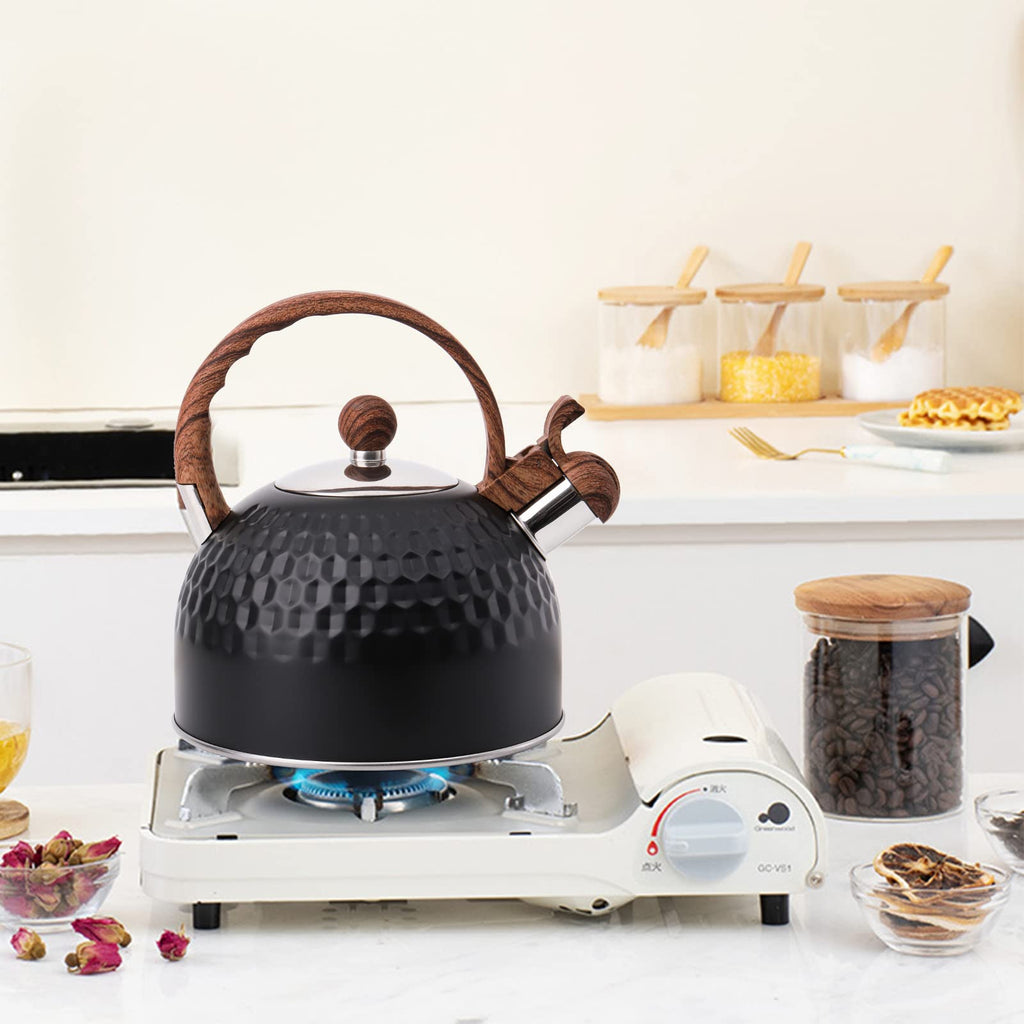 Lawei 2.5 Quart Whistling Tea Kettle with Wood Grain Anti Heat Handle, Stainless Steel Tea Kettles Food Grade Teapot for Stove Top Gas Electric Applicable