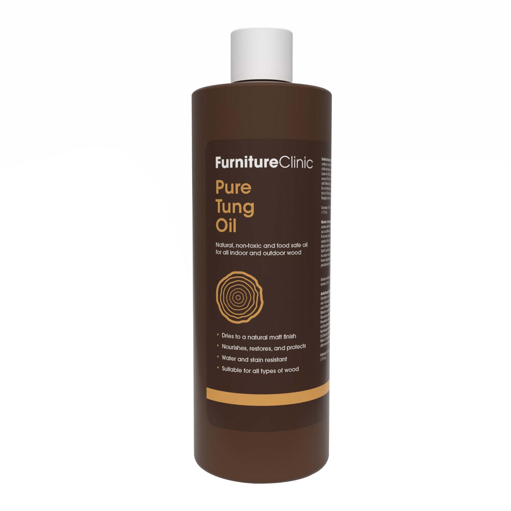 Furniture Clinic Pure Tung Oil for Wood | Non-Toxic Food Grade Water Resistant Tung Oil | Finish & Seal | Natural, Stained, or Treated Wood | For Indoor/Outdoor Surfaces & Floors - 17oz