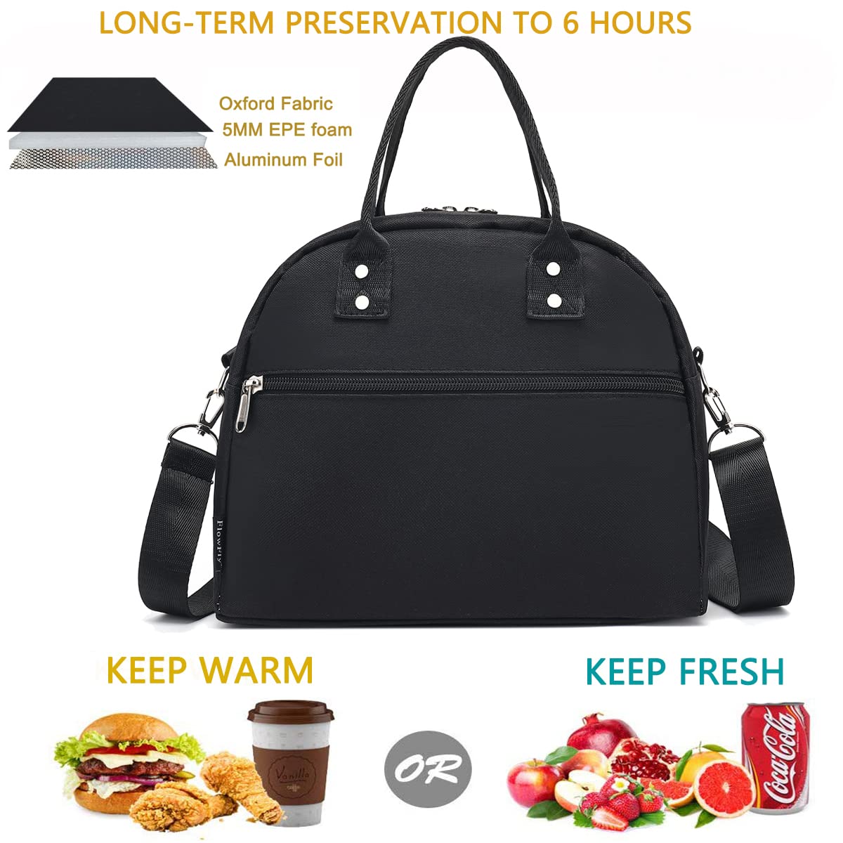 FlowFly Insulated Lunch Bag with Adjustable & Removable Shoulder Strap for Women, Men, and Kids, Large and Reusable, Handle, Work and School Travel Tote and Meal Prep Organizer,Black