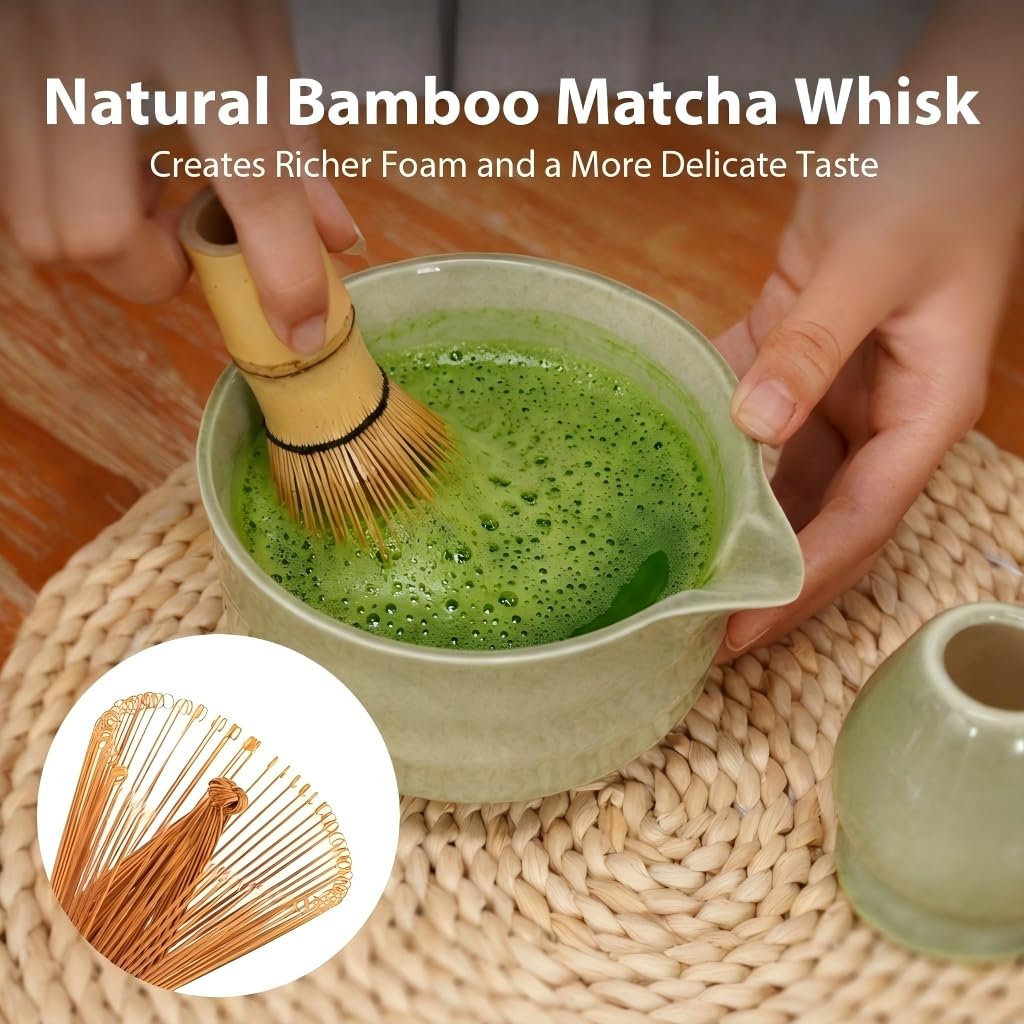 Matcha Whisk Set, Matcha Kit Japanese Tea Set Includes Matcha Bowl with Spout, Matcha Whisk Holder (Chasen), Bamboo Matcha Whisk and Bamboo Scoop, Ceramic Matcha Kit for Tea Lovers