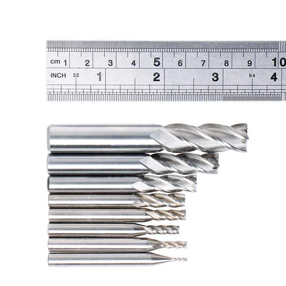 In-tool-home 1/8" 3/16" 1/4" 5/16" 3/8" 1/2" high Speed Steel HSS 4 Flute Straight End Mill Cutter Set of 8