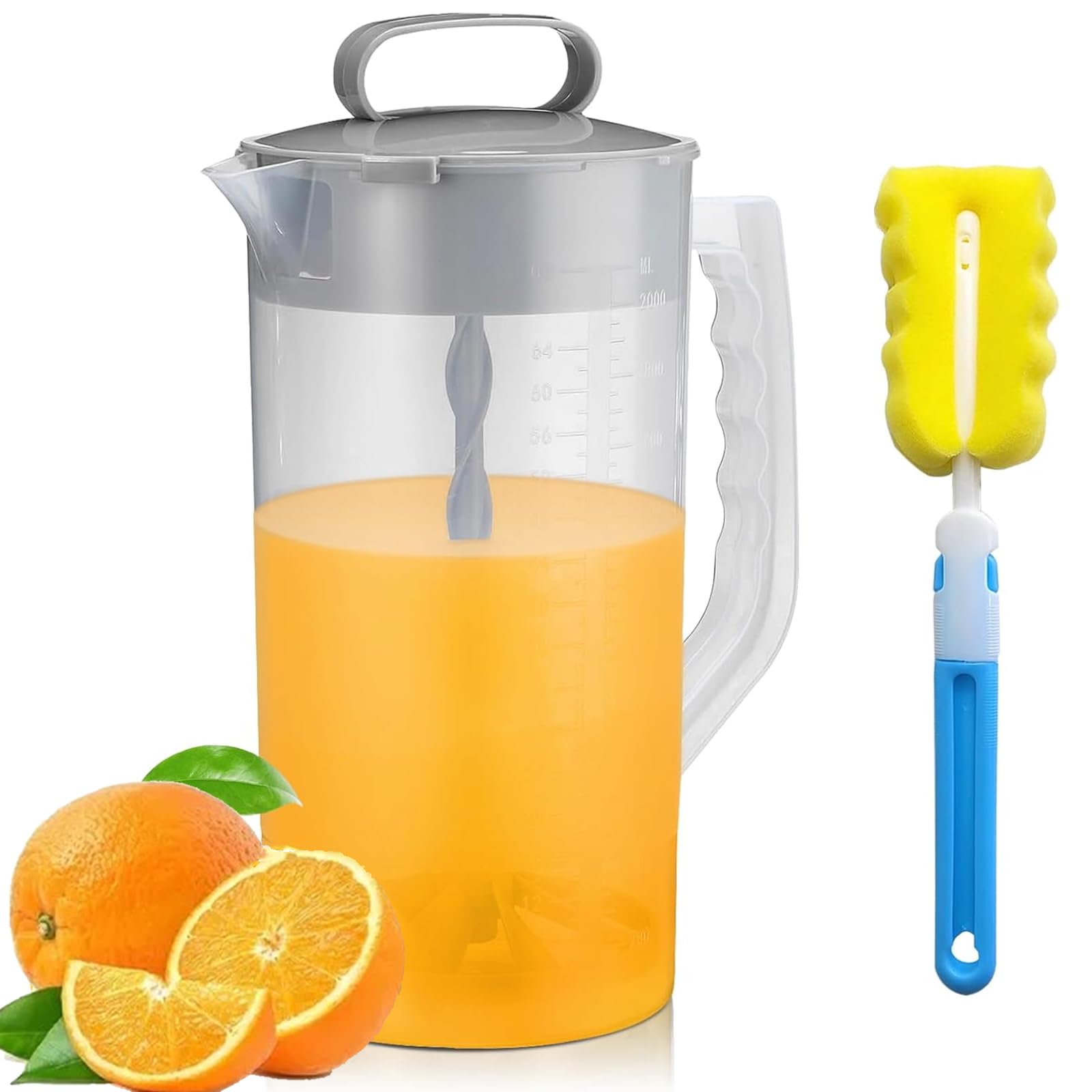 MYLEUS Drink Mixing Pitcher, 2.1qt with Lid & Sponge Brush, Wide Mouth Juice Pitcher, Adjustable Mixer Plunger, for Juice Tea Milk Lemonade