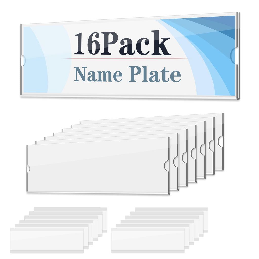 16 Pack Acrylic Desk 2x8" Nameplate Holders, Wall Mount Transparent, Floating Door Name Plates Set for Office Home School Classroom Teacher