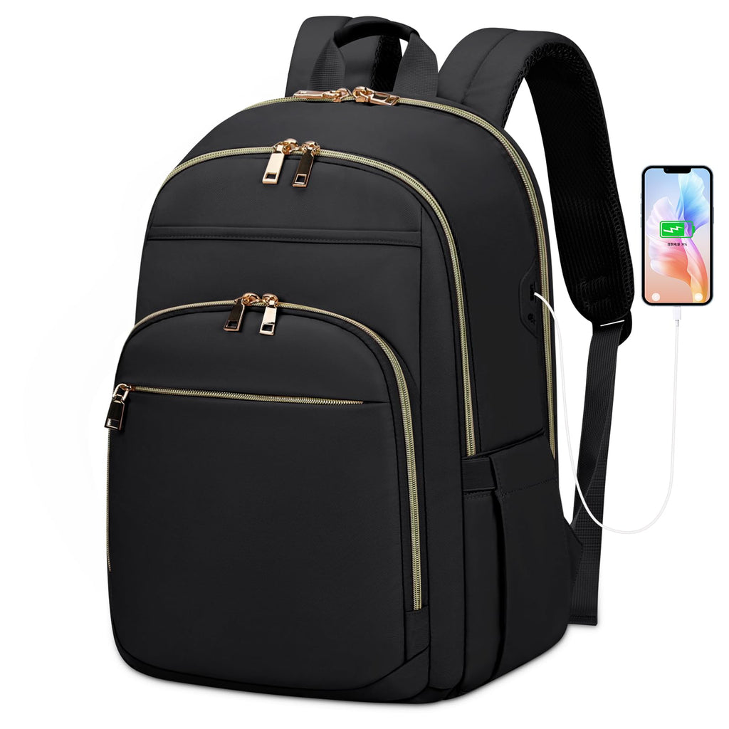 Laptop Backpack for Women 15.6 Inch Travel Backpack With USB Port, Lightweight School Backpack Waterproof Computer Bag for School Work Travel, Black