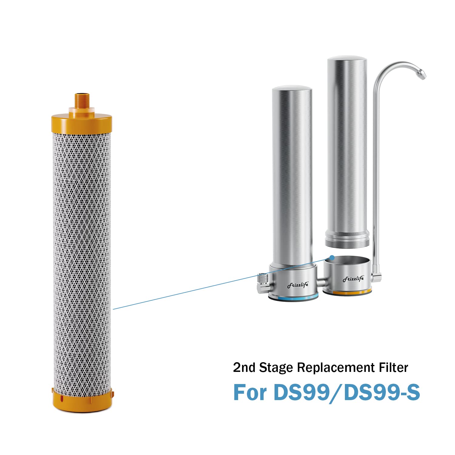 Frizzlife DSF02 (2nd Stage) Replacement Filter Cartridge for SS99, DS99/DS99-S, TS99 Countertop Stainless Steel Water Filter System