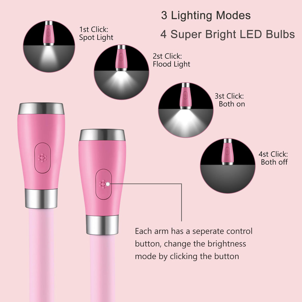 SingHong LED Neck Light, Book Light, Reading Lamp, USB-C Rechargeable, Hands Free, 4 LED Bulbs, 4 Adjustable Brightness, for Knitting, Crafting, Crochet and Reading in Bed (Pink)