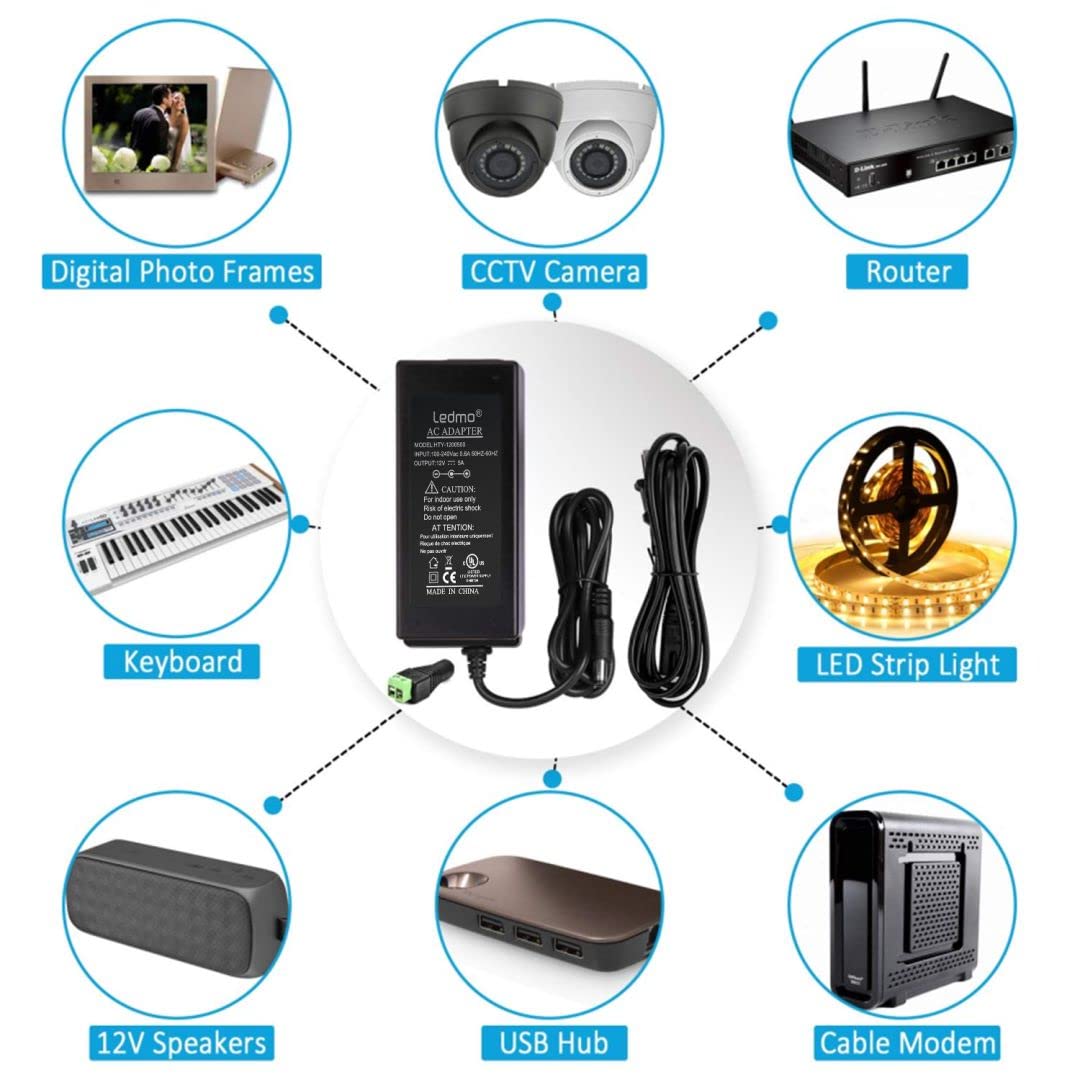 LEDMO 12V 5A 60W AC to DC Power Supply Adapter Power Adapter AC 100-240V to DC 12V Transformers US Plug Converter Power Supply LED Driver
