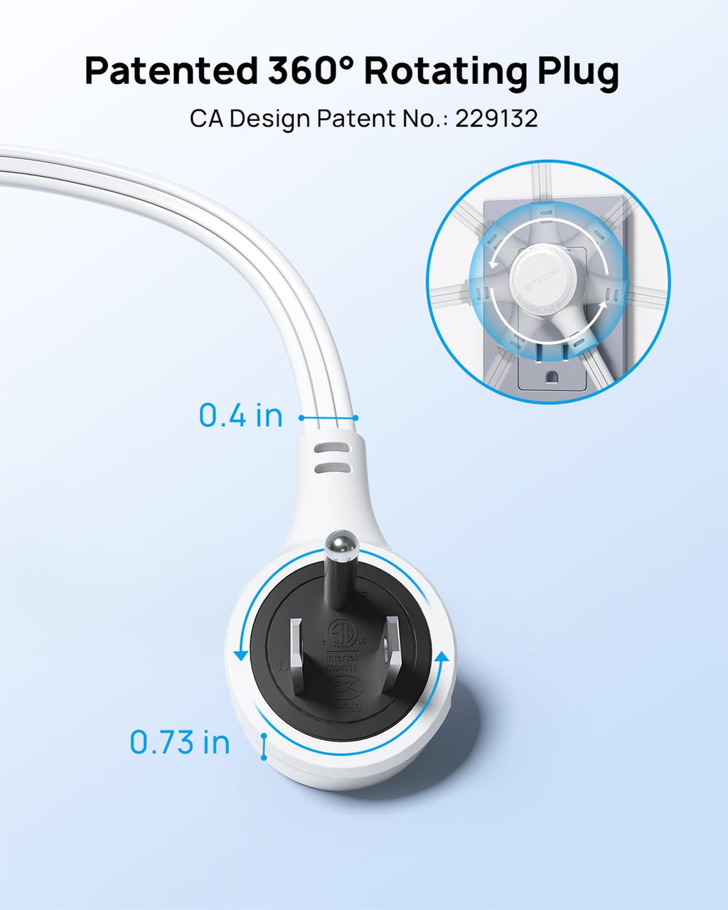 TROND 6ft Flat Extension Cord Indoor, 360° Rotating Plug Power Bar, 3 Way Outlets Extender, 13 Amps, 1625W, Small Flexible SPT 16/3 Cable Splitter for Hotel Cruise Ship Travel Essentials, White