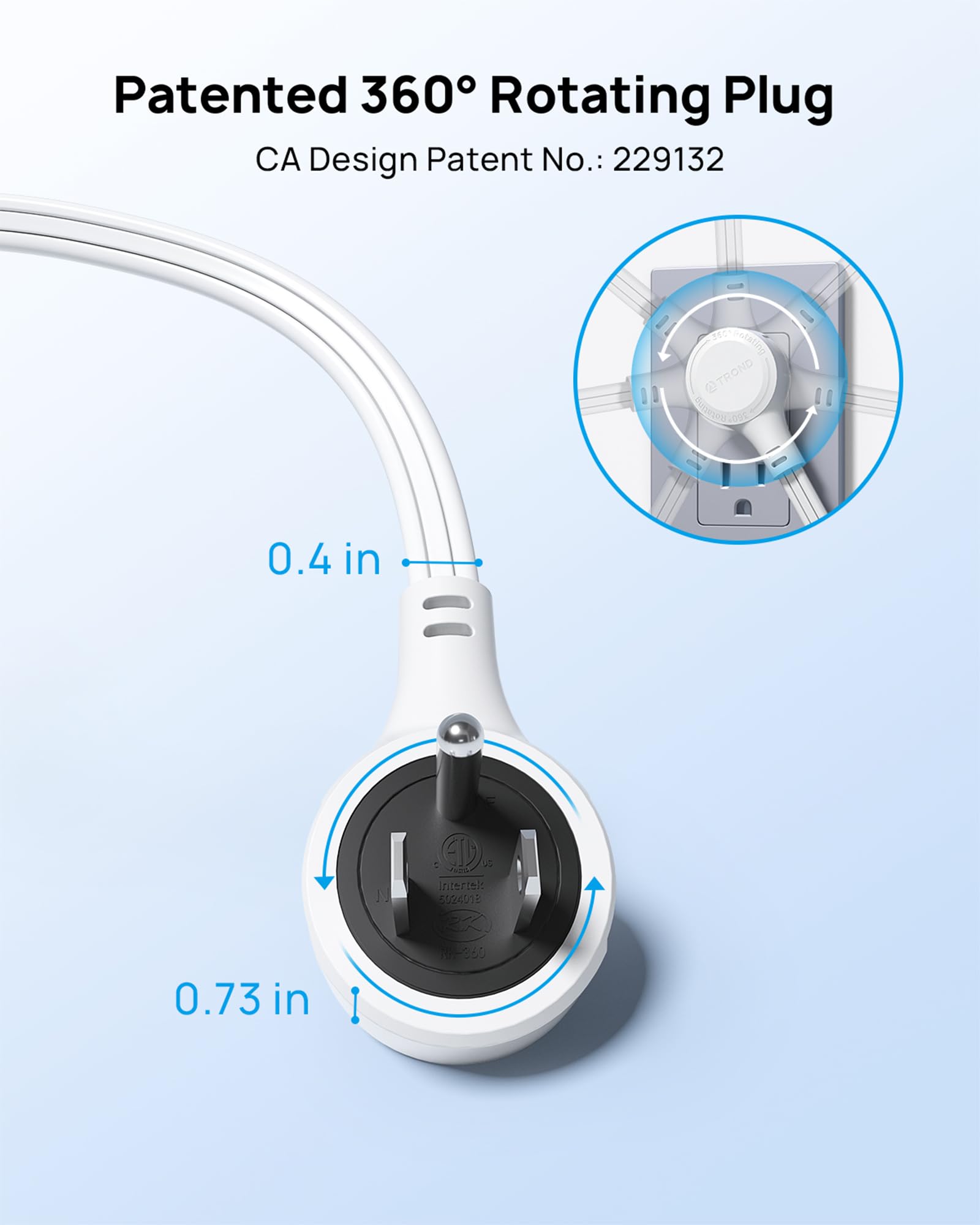 TROND 6ft Flat Extension Cord Indoor, 360° Rotating Plug Power Bar, 3 Way Outlets Extender, 13 Amps, 1625W, Small Flexible SPT 16/3 Cable Splitter for Hotel Cruise Ship Travel Essentials, White