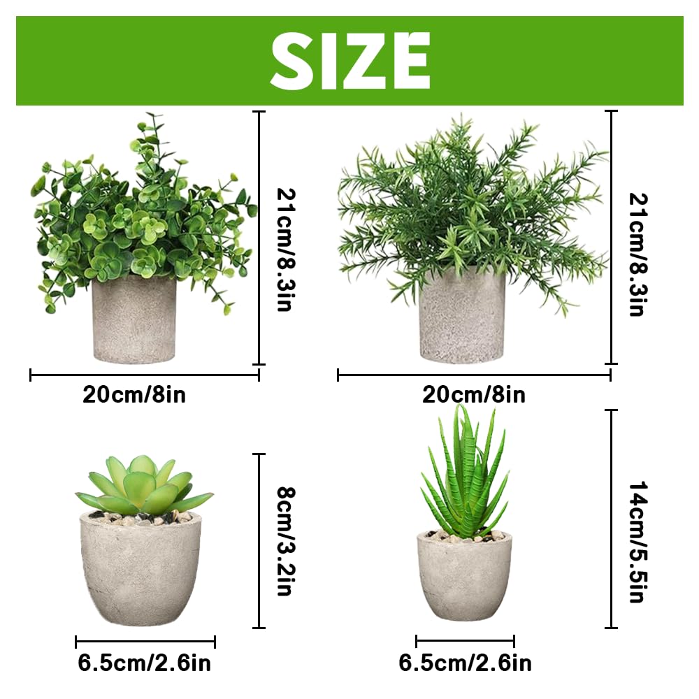 4 Set Artificial Plants Indoors in Pots, Small Plastic Fake Plants, Eucalyptus, Rosemary, Mini Succulents Faux Plant for Office Decor, Desk, Bedroom, Bathroom, Kitchen, Home Decoration in Spring.