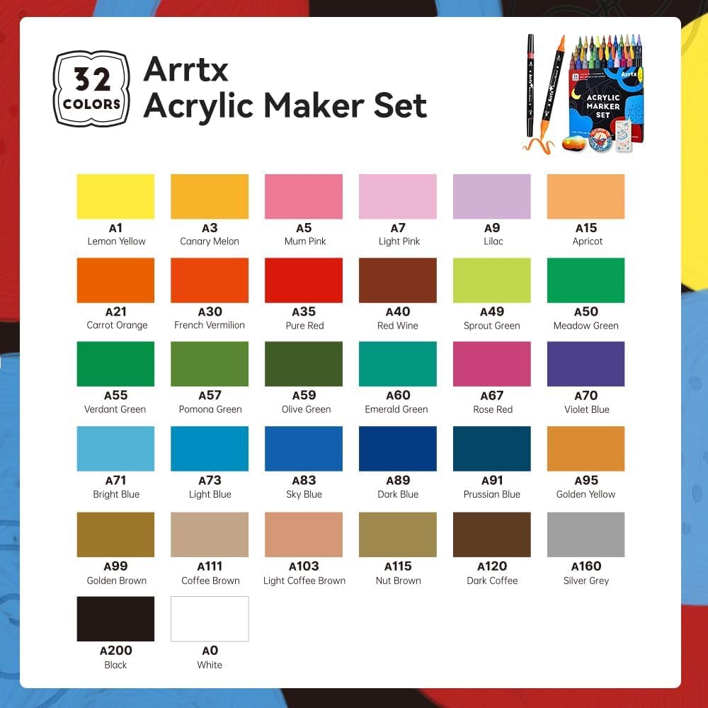 Arrtx Acrylic Paint Pens Markers 32 Colors, Dual Tip Acrylic Markers with Brush Tip and Fine Tip, Art Markers for Rock Painting, Paper, Wood, Canvas, Glass, Ceramic, Stone, DIY Crafts Supplies