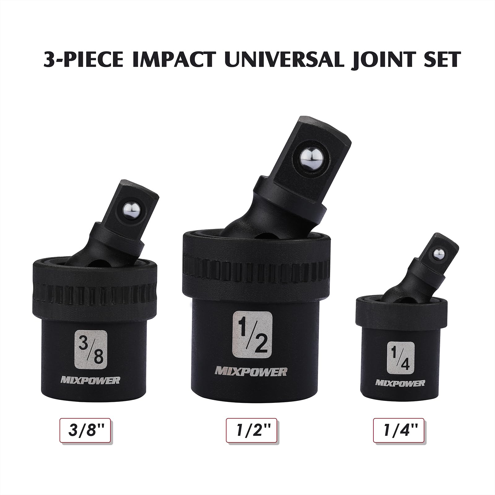 MIXPOWER 3-Piece Impact Universal Joint Set - 1/4", 3/8" and 1/2" Drive, Impact Grade U-Joint Swivel Sockets,Socket Adapter Set, CR-MO Impact Grade